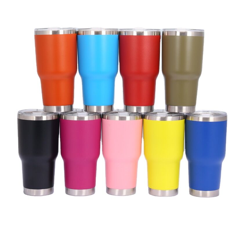 Nine different colors of high-quality 30oz Regular Tumbler stacked together, front view.